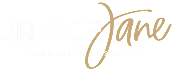 Janice Jane Cosmetics logo in white and gold, permanent makeup and aesthetics
